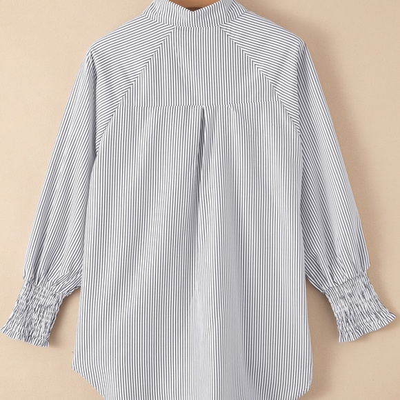 Smocked Cuffed Striped Boyfriend‎ Shirt with Pocket - Picture 8 of 14